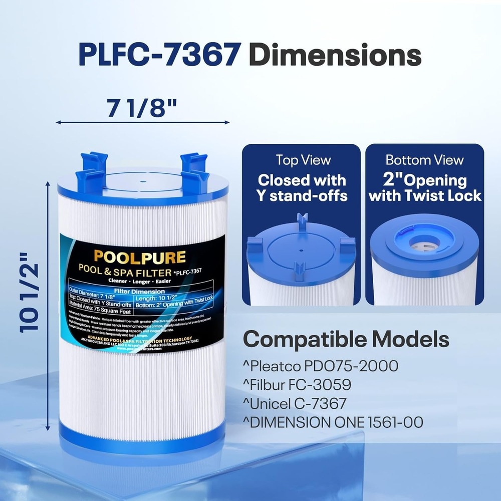 POOLPURE C-7367 Spa Filter Replaces PD075-2000 Dimension One 1561-00 2 Pack - Picture 2 of 9